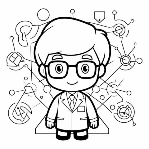 Black and white illustration of a little boy in glasses and a la