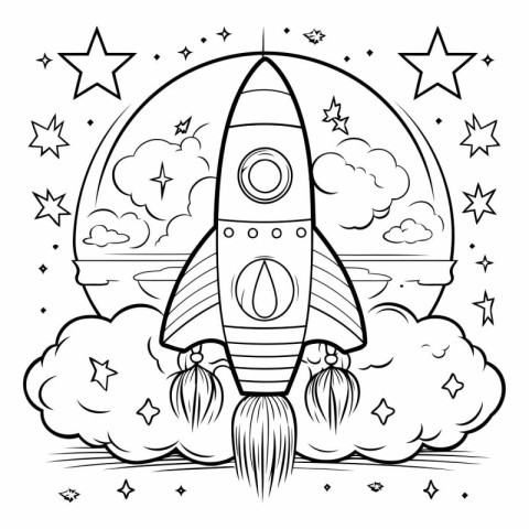 Coloring book for children: rocket with clouds and stars. vector