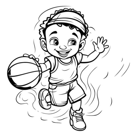 Black and White Cartoon Illustration of a Kid Boy Playing Basket