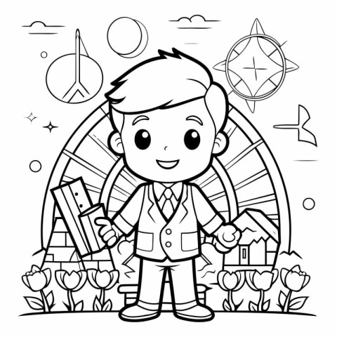 Black and White Cartoon Illustration of Kid Boy or Kid Character