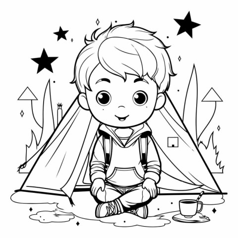 Cute little boy sitting in a tent. Vector illustration for color