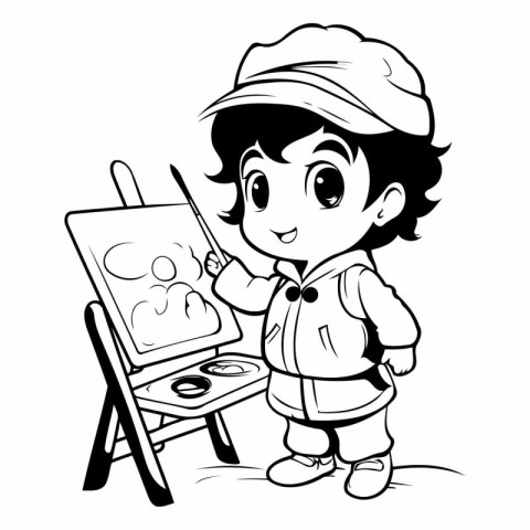 Black and White Cartoon Illustration of Cute Little Boy Artist C