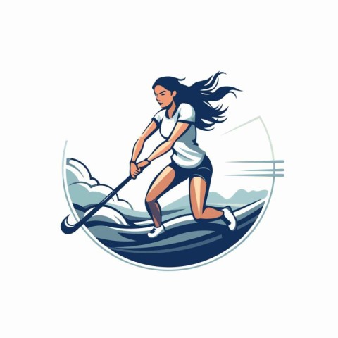 Illustration of a woman paddle boarding on surfboard viewed from