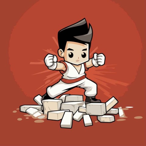 Cartoon of a boy in a karate pose kicking a stone