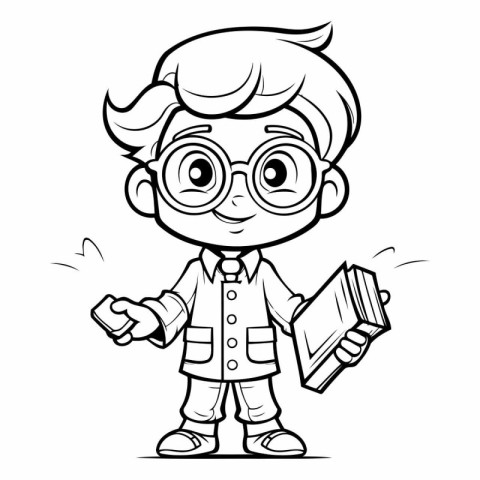 Black and White Cartoon Illustration of Little School Boy Studen