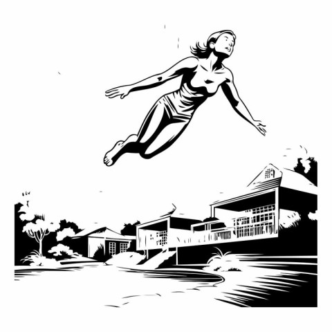 Girl jumping into the sea. Vector illustration. Black and white.