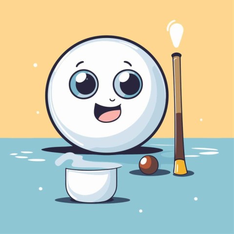 Cute cartoon billiard ball and cue with water drops. Vector illu