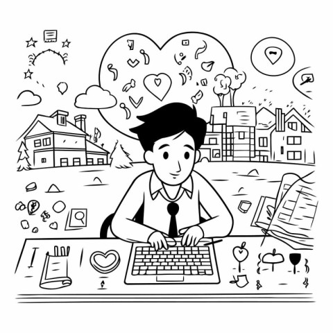 Businessman working on computer in the city. Doodle style vector