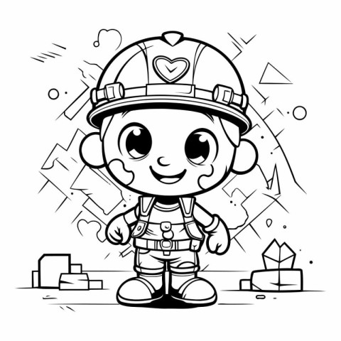 Black and White Cartoon Illustration of Cute Little Fireman Char