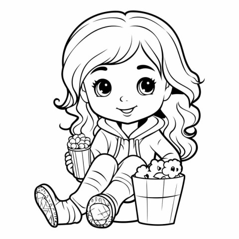 Coloring Page Outline Of cartoon girl with popcorn. Vector illus