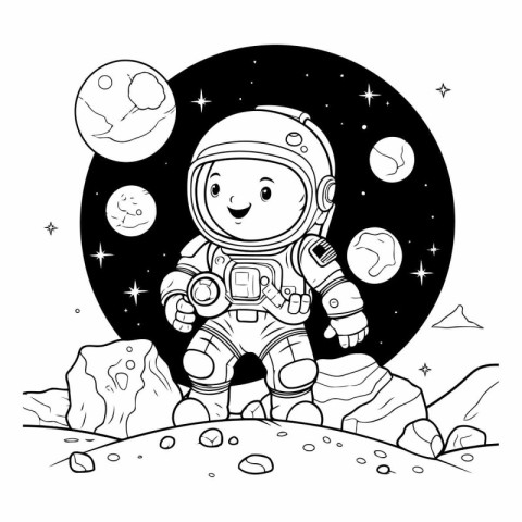 Astronaut on the moon. Black and white vector illustration.