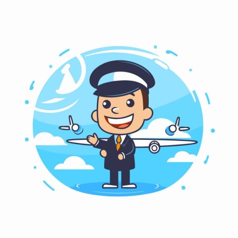 Airplane pilot with airplane. Vector illustration. Flat design s