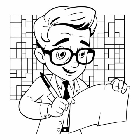 Vector illustration of a man in glasses holding a sheet of paper