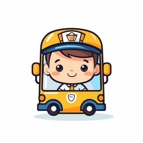 Cute boy driving school bus on white background. Vector illustra