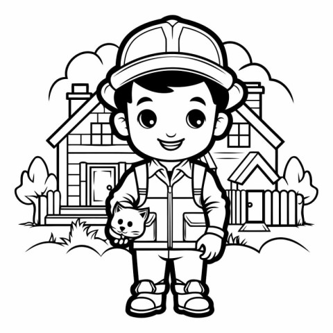 Black and White Cartoon Illustration of Cute Little Boy with Cat