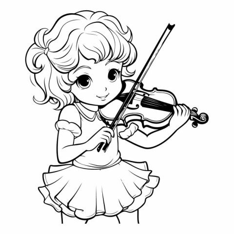 Cute little girl playing the violin - black and white vector ill