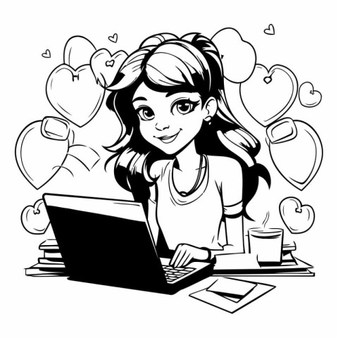 Girl with laptop and coffee. Vector illustration in black and wh