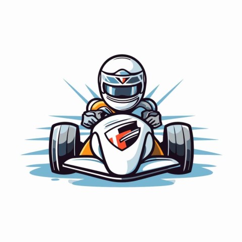 Cartoon kart driver racing on race track. Vector illustration.