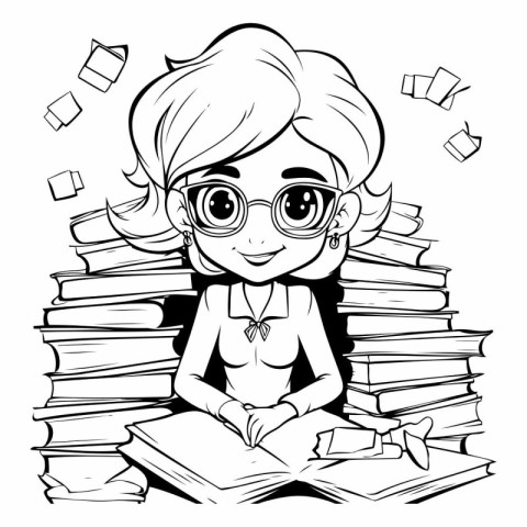 Cute cartoon schoolgirl reading a book. Black and white vector i