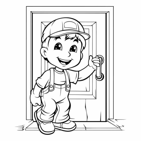 Black and White Cartoon Illustration of Cute Little Boy or Kid R