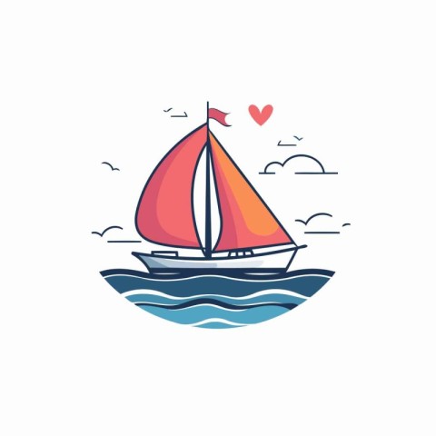 Sailing boat in the sea. Vector illustration in flat style.