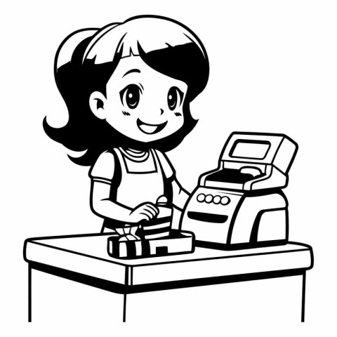 Black and White Cartoon Illustration of Cute Little Girl Using a