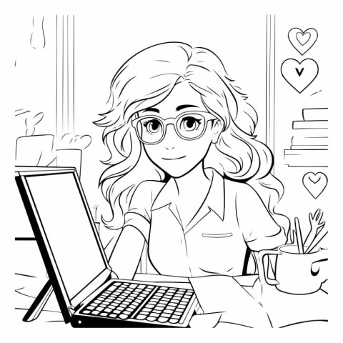 Black and white illustration of a woman working on a laptop at h