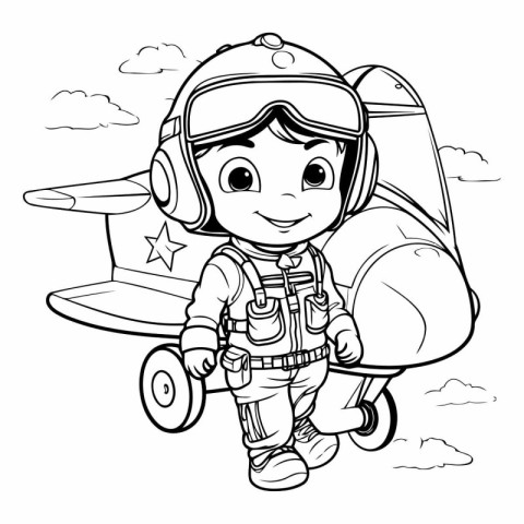 Coloring Page Outline of a Little Boy Astronaut with a Plane