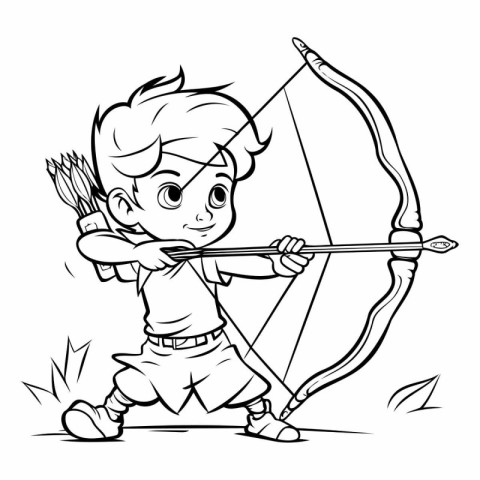 Cupid aiming with bow and arrow - black and white vector illustr