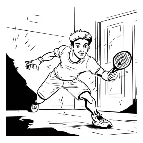 Man playing tennis. Black and white illustration ready for vinyl