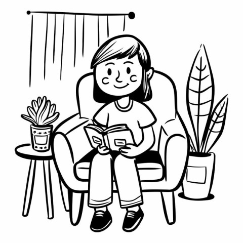 Girl reading a book at home. Black and white vector illustration