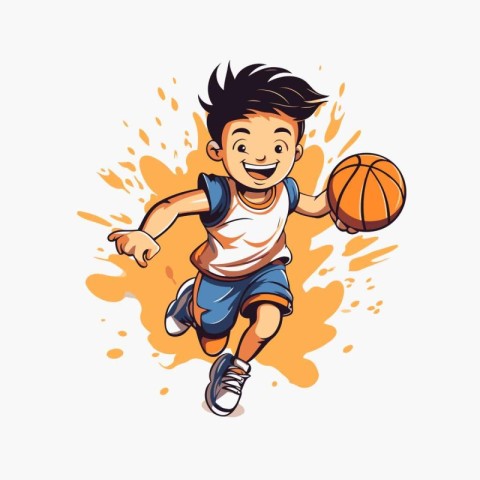 Cute boy playing basketball. Vector illustration on a white back