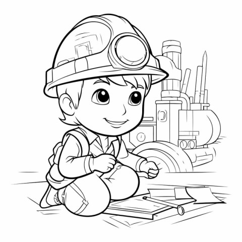 Coloring Page Outline Of a Cute Cartoon Firefighter Boy