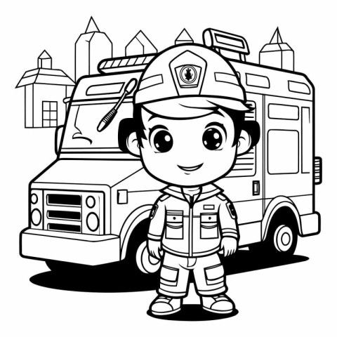 Black and White Cartoon Illustration of Little Boy firefighter w