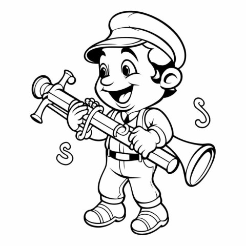 Illustration of a Kid Boy Holding a Trumpet - Coloring Book