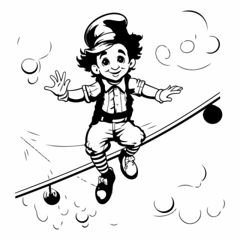 Boy skier jumping on a skateboard. Vector illustration in black