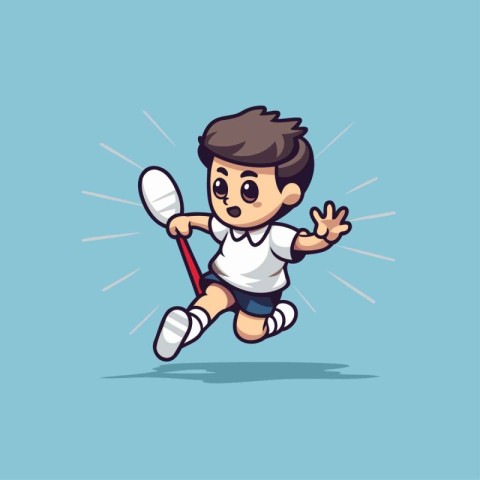 Cute boy playing badminton. Cartoon style vector illustration.