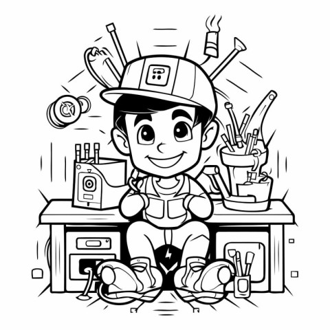 Black and White Cartoon Illustration of Cute Little Boy Carpentr