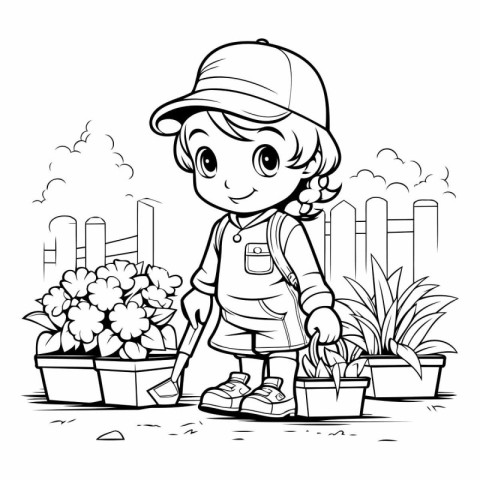 Outline Illustration of Cute Little Boy Gardener Character Picki