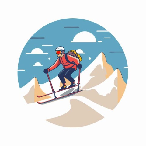 Skiing in the mountains. Vector illustration in flat style.