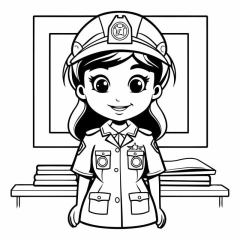 Black and White Cartoon Illustration of Cute Girl firefighter or