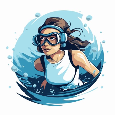 Surfer girl in helmet and goggles swimming in the ocean. Vector