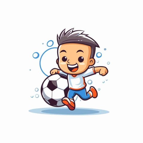 Cute little boy playing soccer cartoon vector Illustration on a