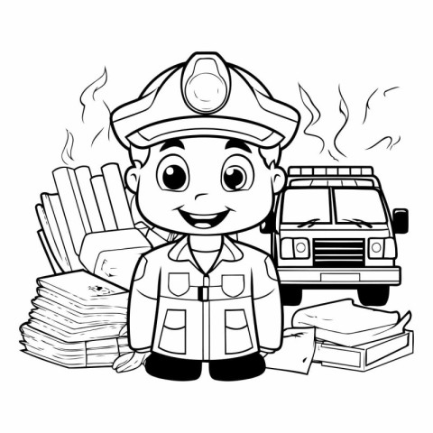 Black and White Cartoon Illustration of a Fireman or Fireman Cha