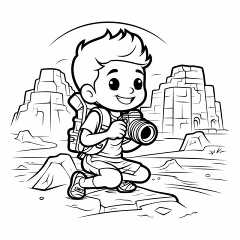 Black and White Cartoon Illustration of Kid Traveler or Tourist