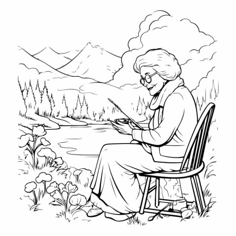 Senior woman reading a book by the lake. Vector illustration in