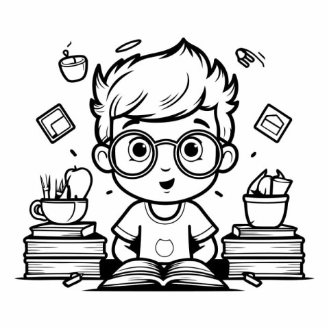 Boy reading a book - Black and White Cartoon Illustration. Vecto