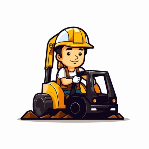 Cute little boy driving a toy excavator. Vector illustration.