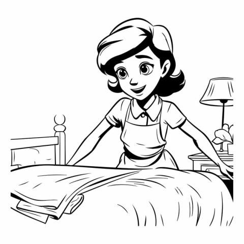 Young woman in apron making bed at home. black and white vector