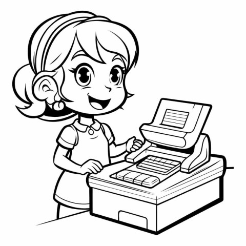 Black and White Cartoon Illustration of Little Girl Holding a Ca